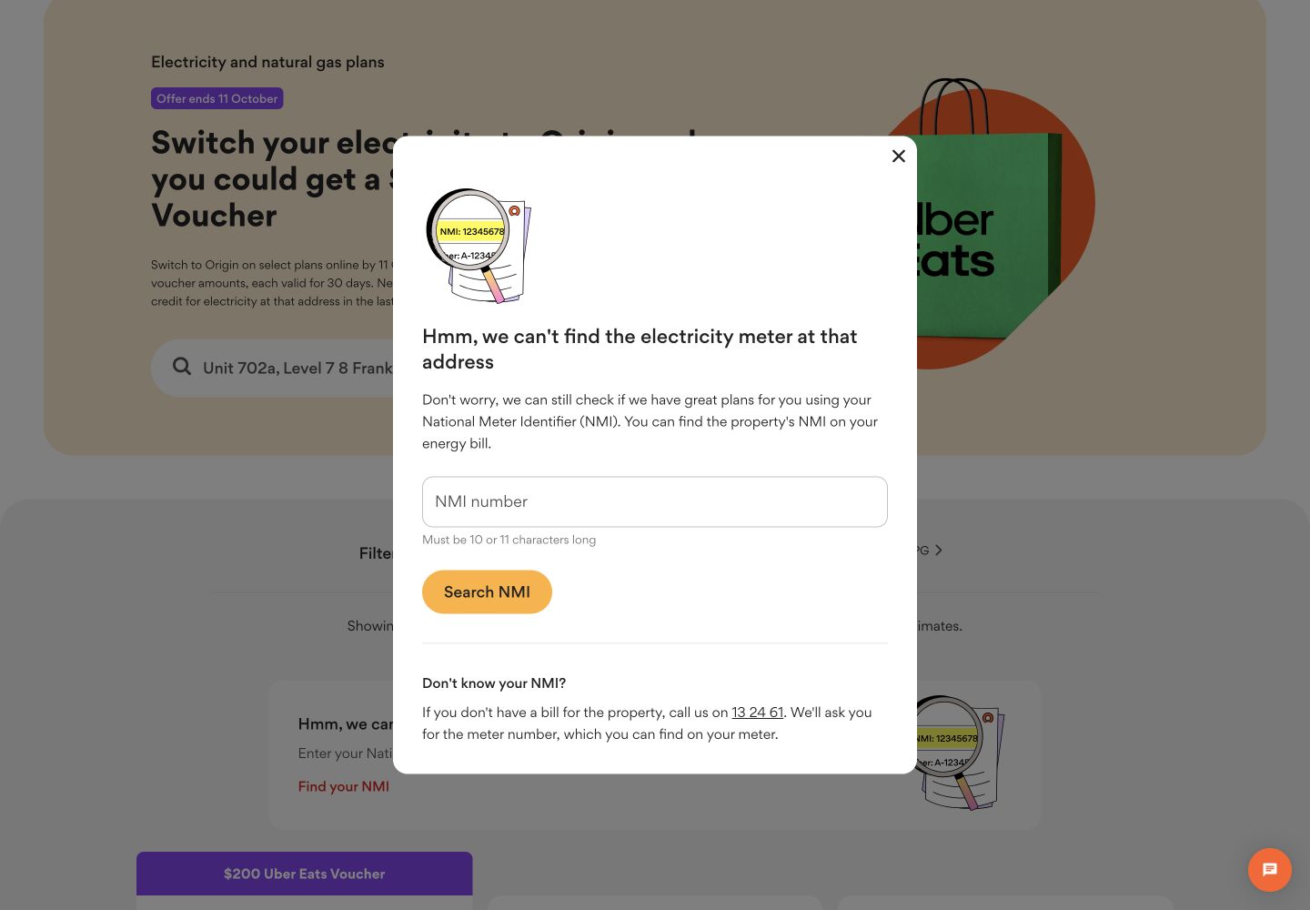 Origin Energy dialog stating that it could not find the electricity meter for the entered Melbourne apartment address