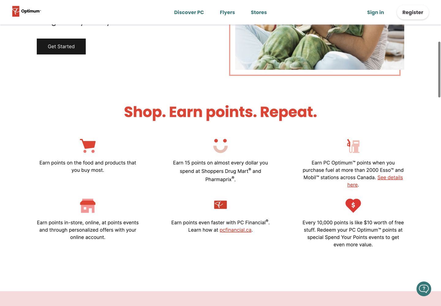 PC Optimum value explanation showing earning examples and 10,000 points as about $10 of free items