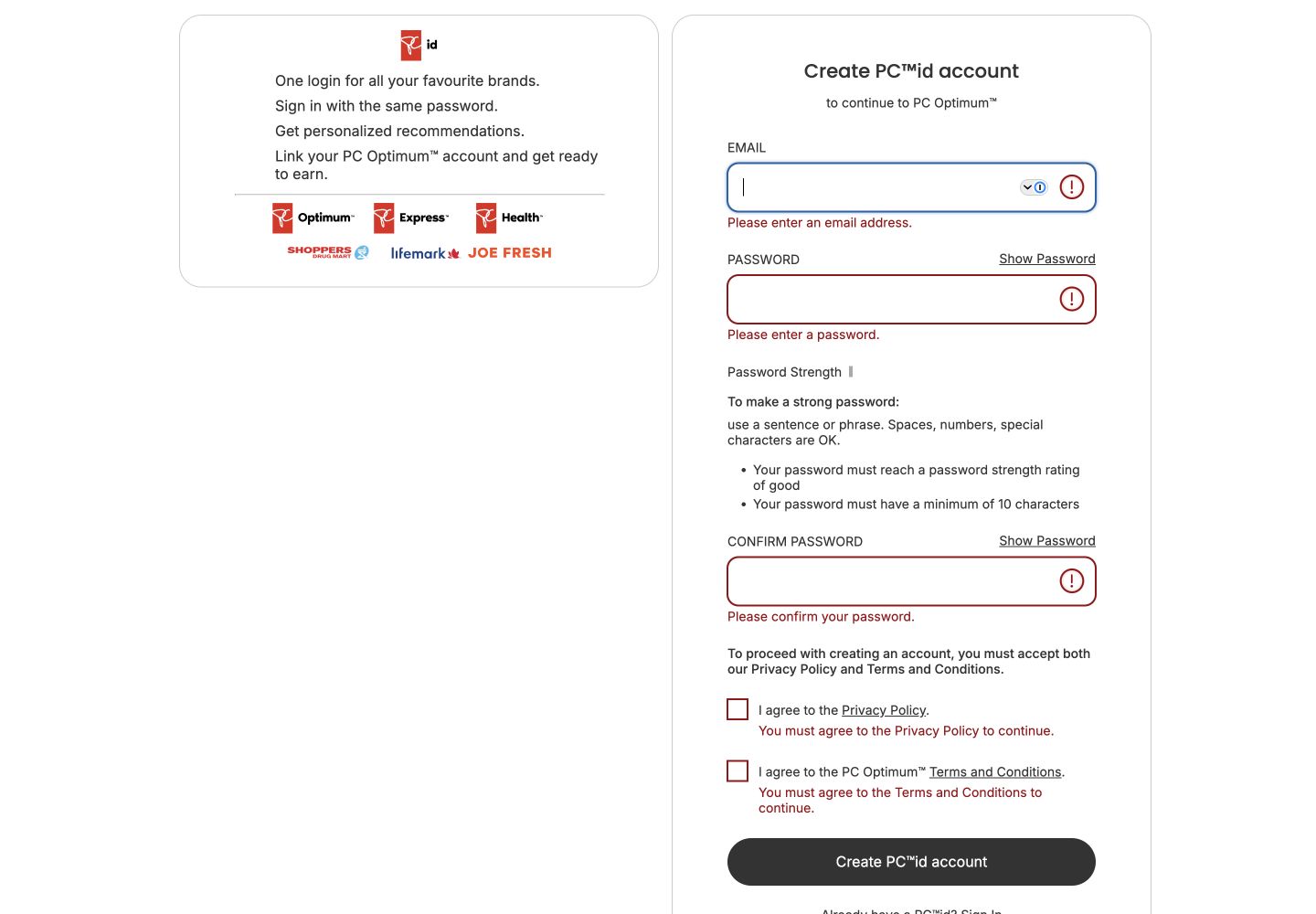 PC id registration form with specific required messages for email, passwords and consent choices