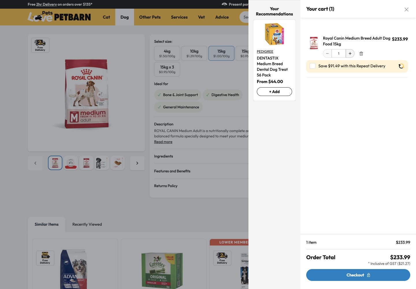 Petbarn shopping bag showing one 15kg Royal Canin product at 233 dollars 99 and a Repeat Delivery saving offer