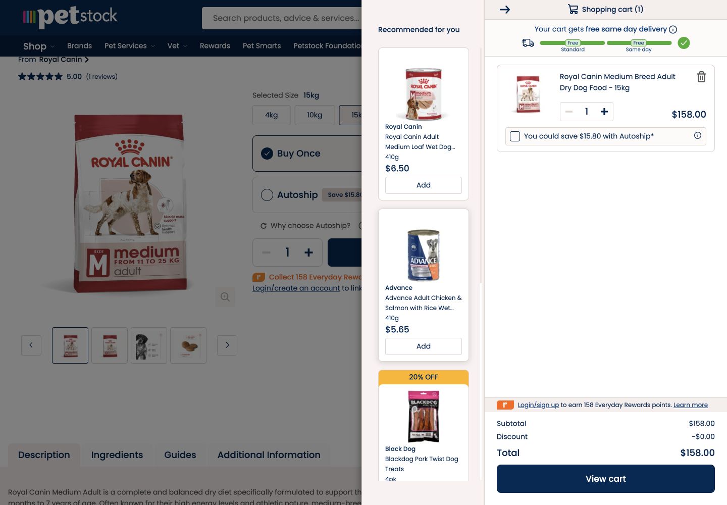 Petstock bag showing the 158 dollar product and Standard Delivery, Click and Collect and Same Day options