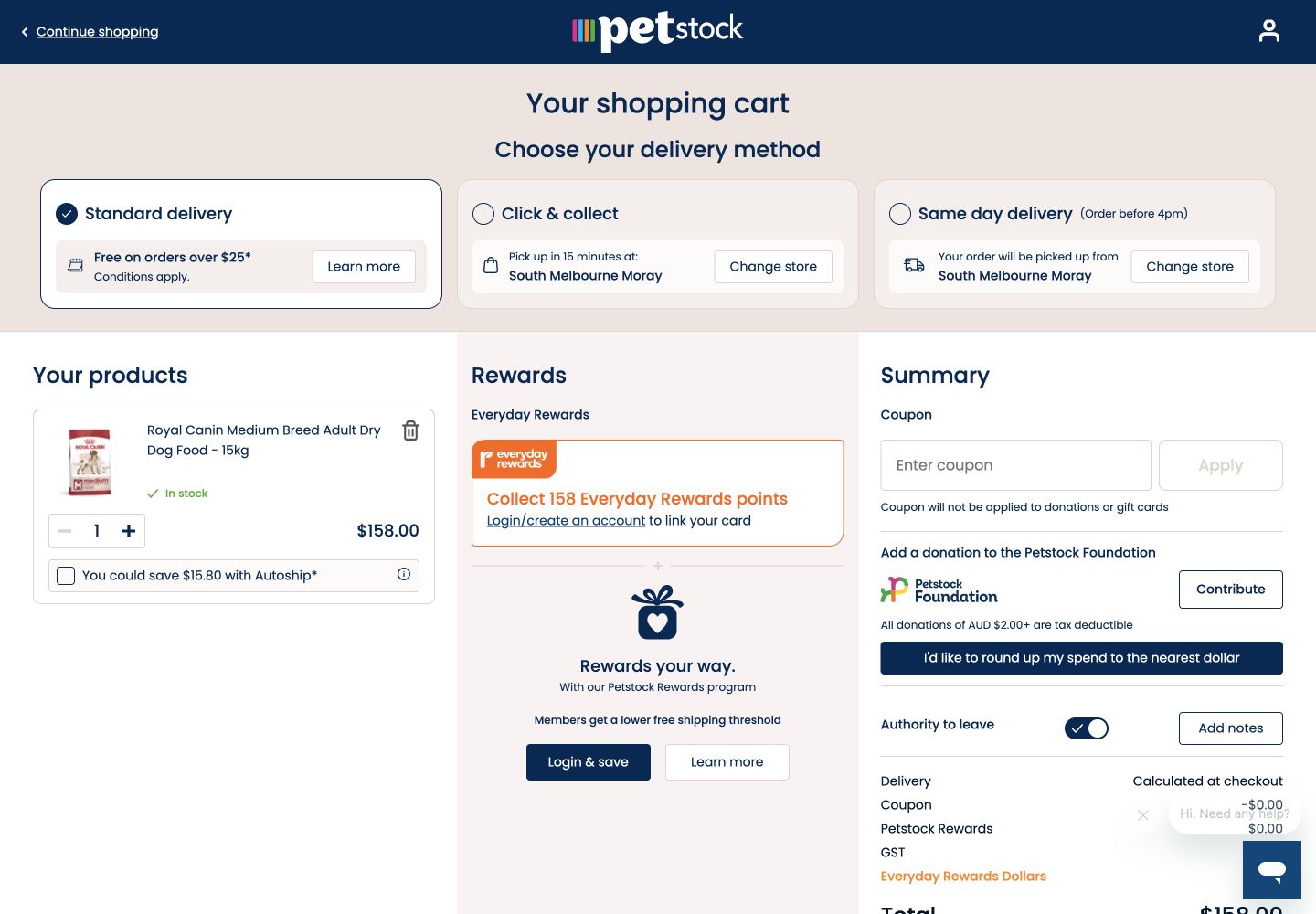 Petstock product availability panel showing low store and same-day stock plus standard delivery to Melbourne