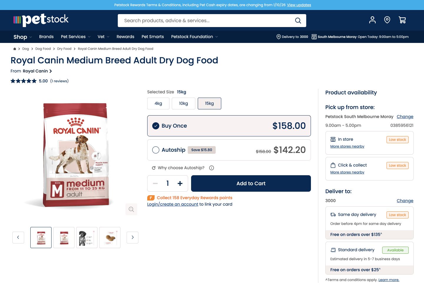 Petstock Royal Canin Medium Breed Adult product page with 15kg selected, 158 dollar buy-once price and 142 dollar 20 Autoship price
