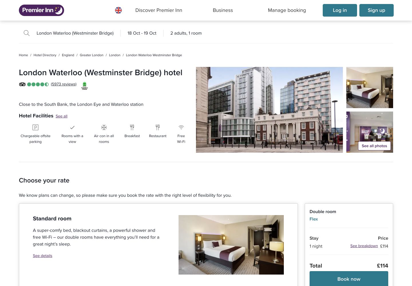 Premier Inn London Waterloo page showing the selected £114 Flex rate for 18 to 19 October