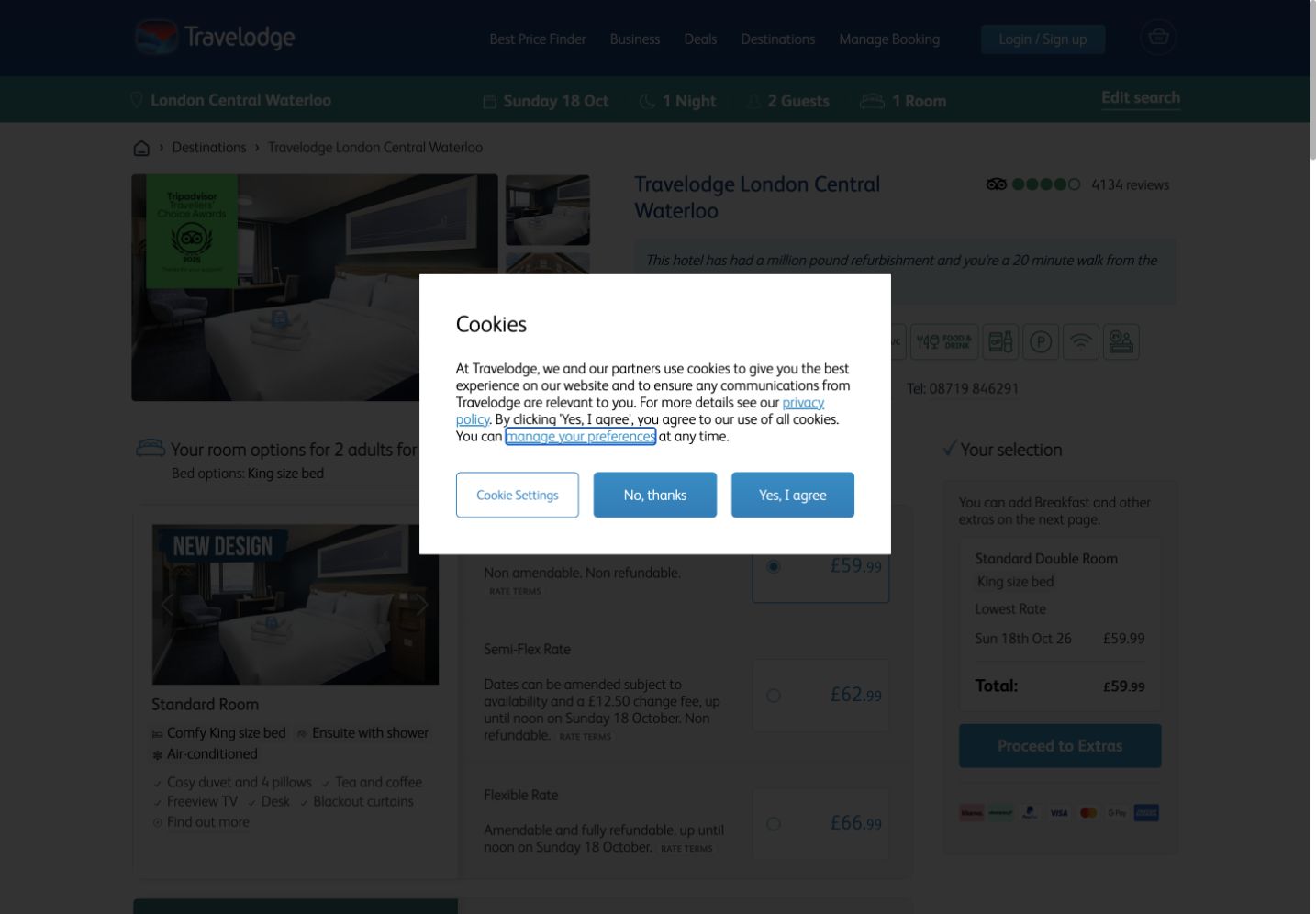 Travelodge London Central Waterloo rate page with the cookie choice covering part of the room options