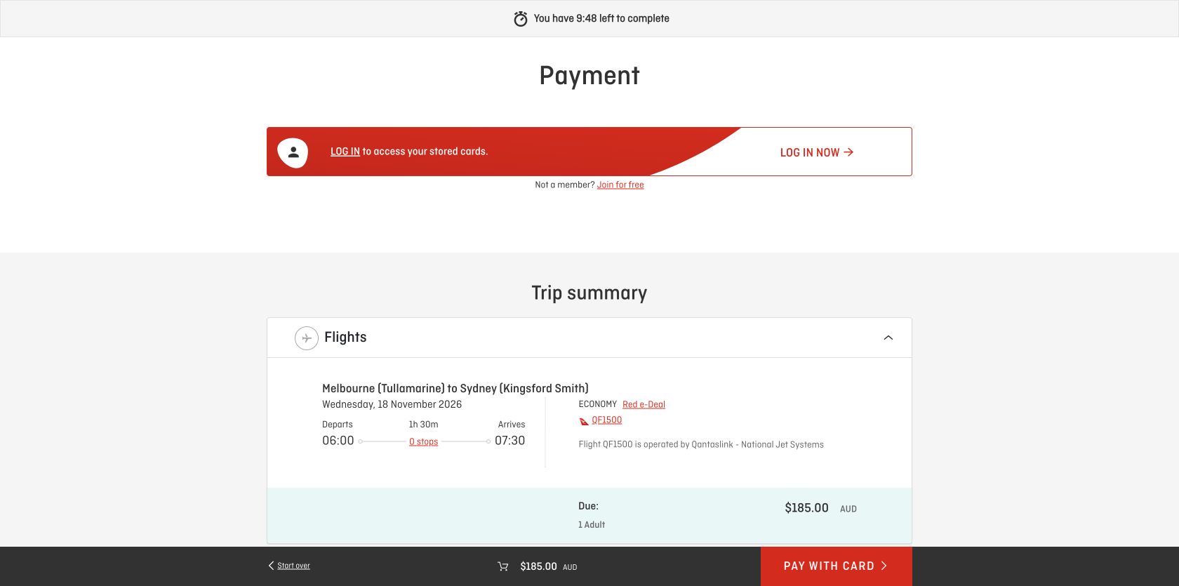 Qantas payment page showing the 185 dollar total, payment methods, fees and booking countdown