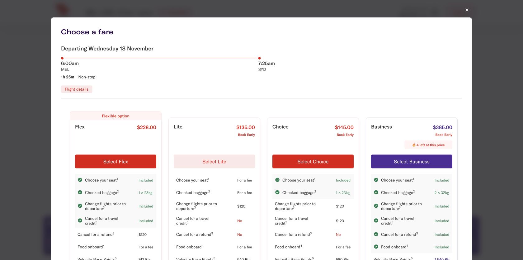 Virgin Australia fare comparison showing Lite, Choice, Flex and Business prices and inclusions