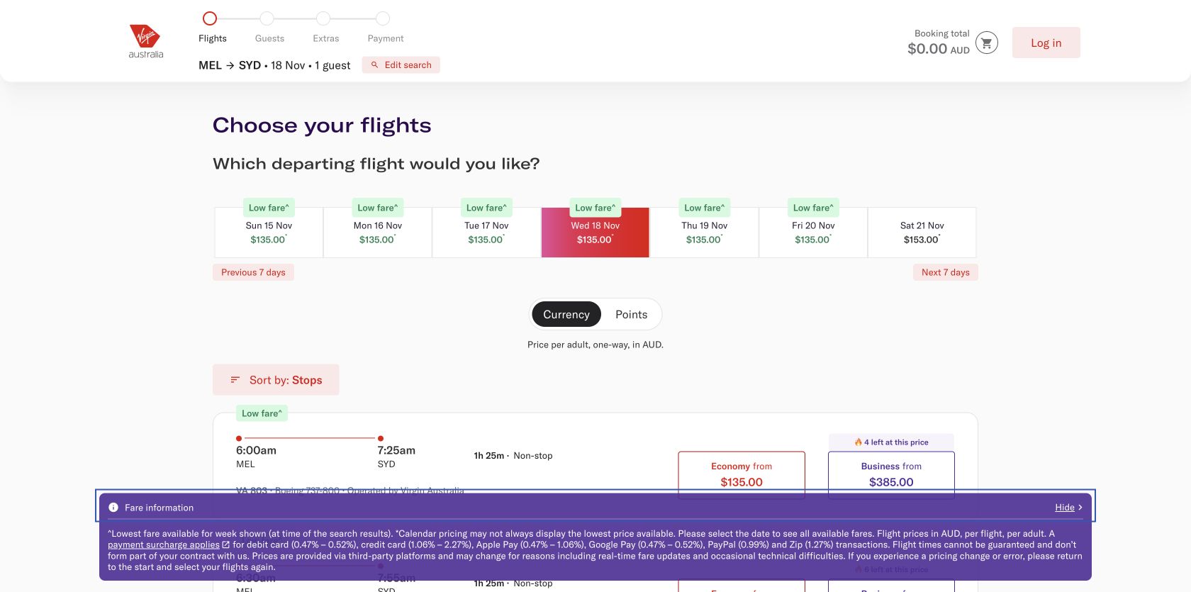 Virgin Australia search results showing the 6am Melbourne to Sydney VA803 flight