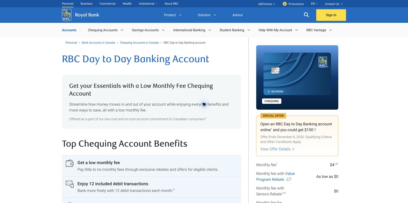 RBC Day to Day Banking page showing account benefits and the low monthly fee