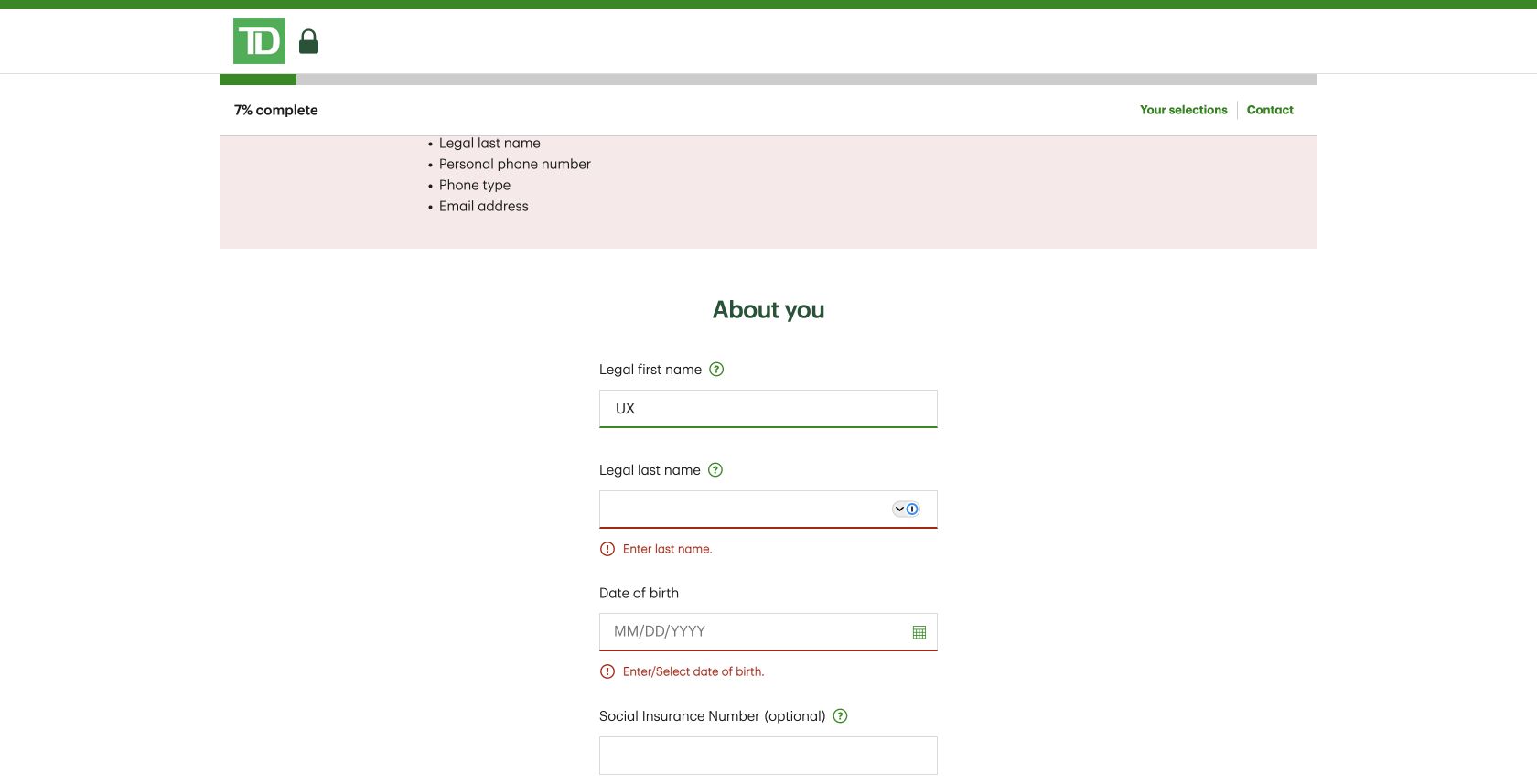 TD application at 7 percent showing a page-level error summary and inline required-field messages