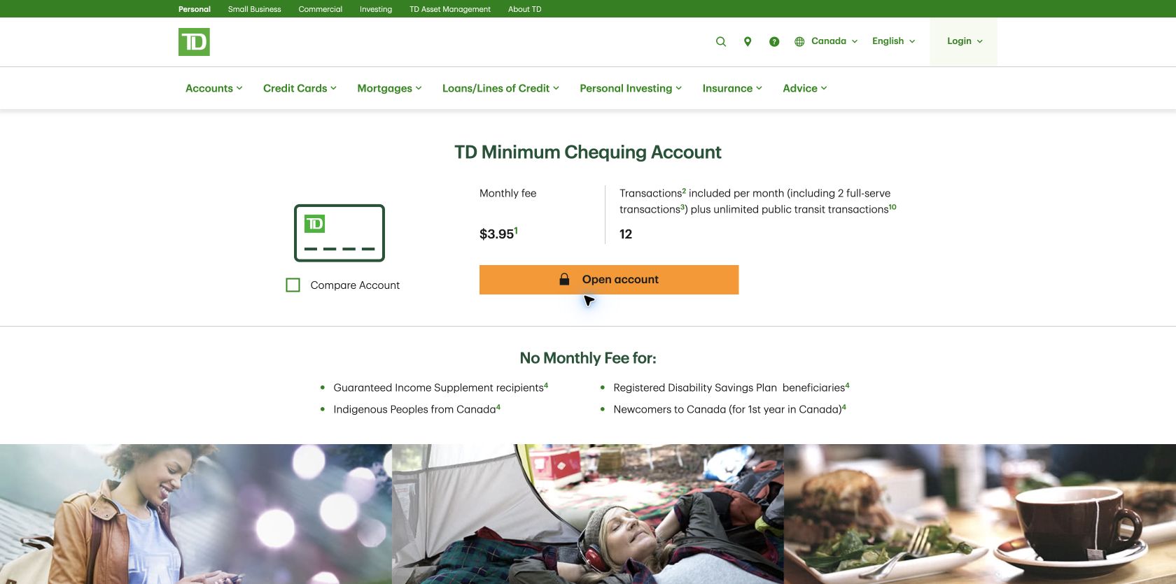 TD Minimum Chequing Account page showing the $3.95 monthly fee and 12 included transactions