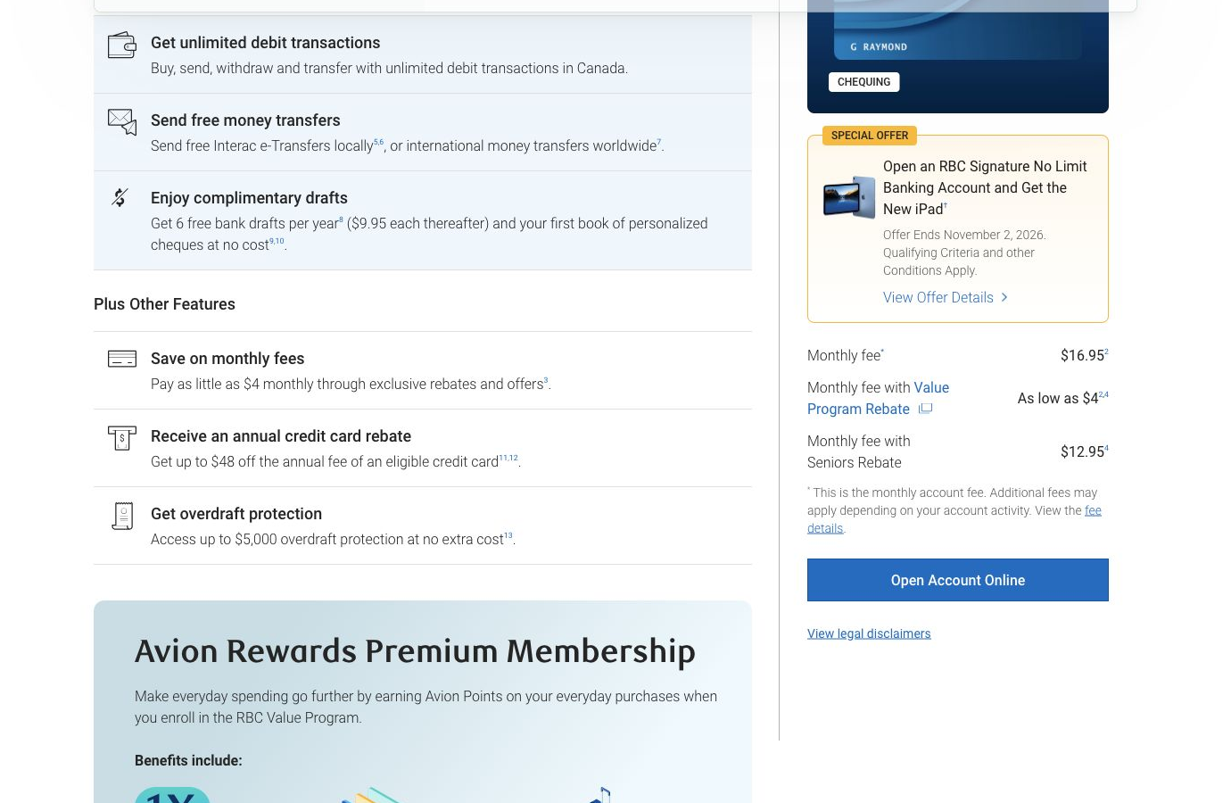 RBC Signature No Limit account page showing unlimited transactions, the $16.95 monthly fee and Value Program price as low as $4