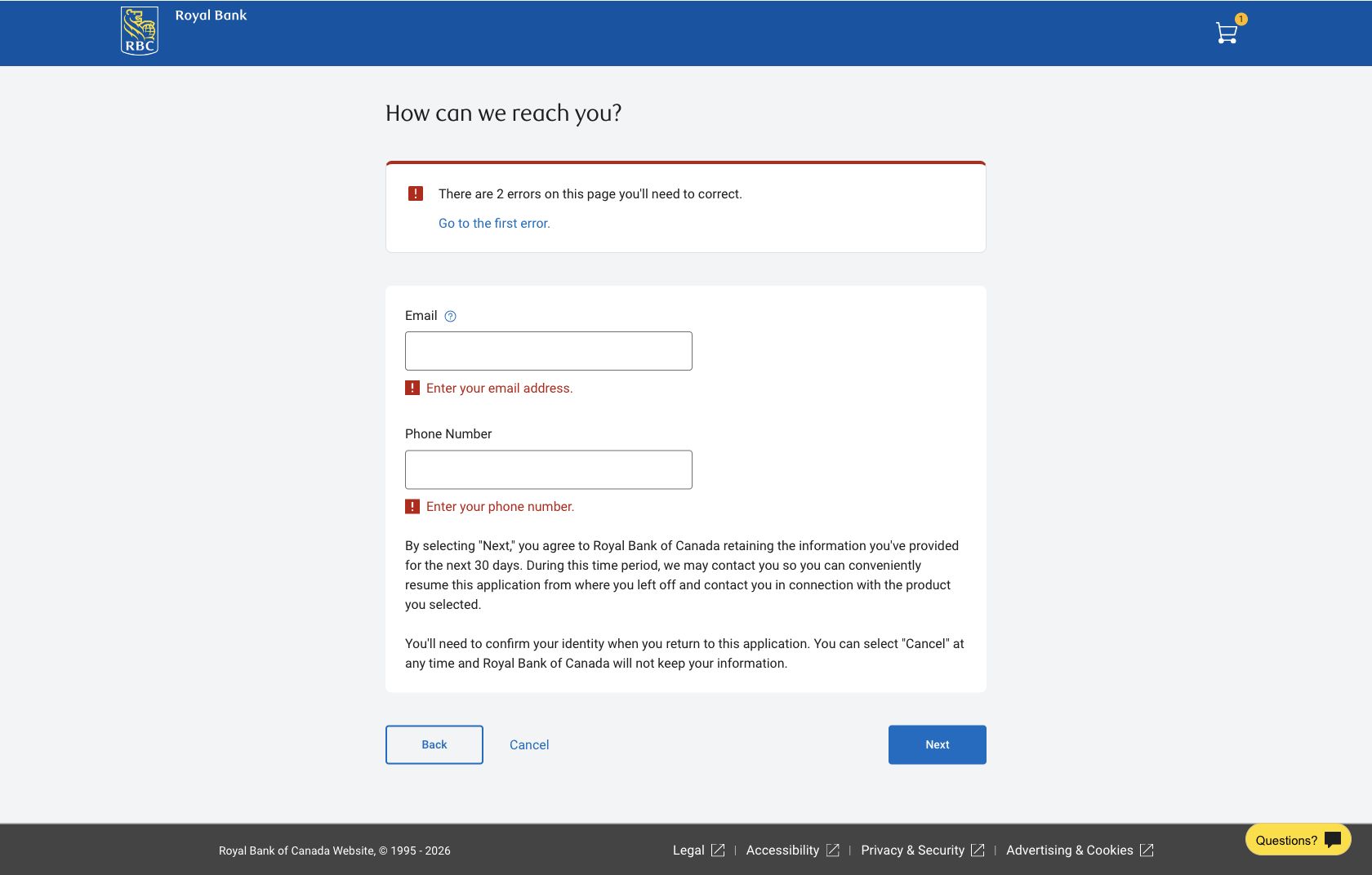 RBC contact step showing a two-error summary, a link to the first error and inline email and phone messages