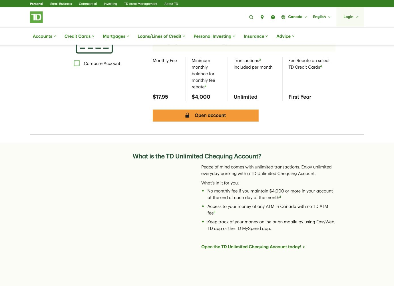 TD Unlimited Chequing page showing the $17.95 monthly fee, $4,000 minimum balance for a rebate and unlimited transactions