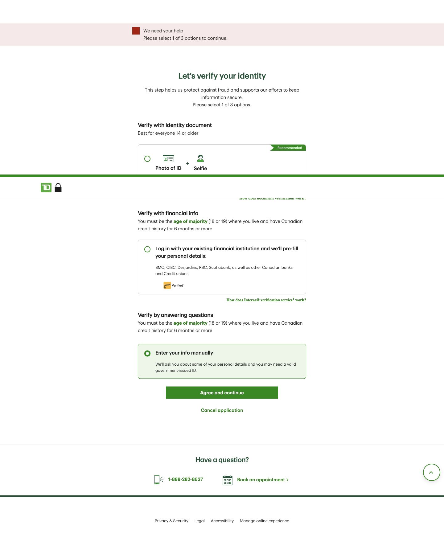 TD identity verification page offering photo ID and selfie, another financial institution, or manual information routes