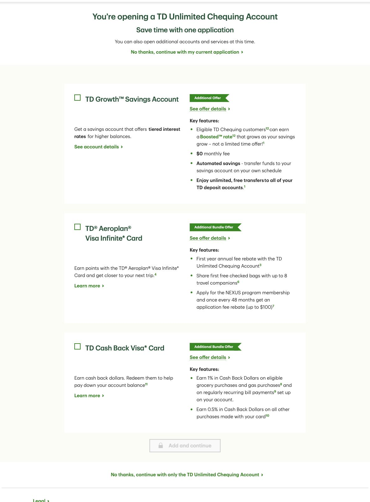 TD application bundle page offering a savings account and two credit cards before continuing with the chequing account