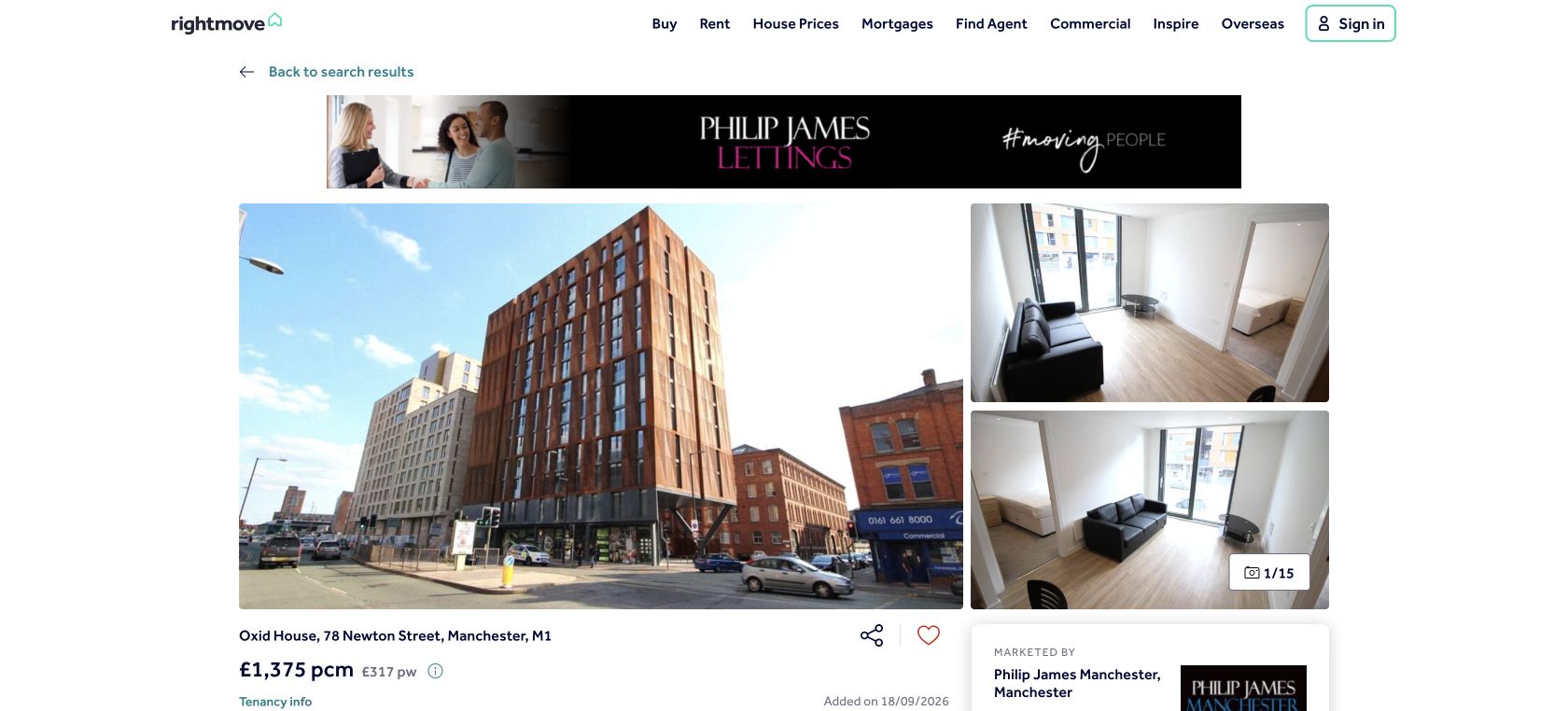 Rightmove detail page for Oxid House showing property photos and a rent of 1375 pounds per calendar month
