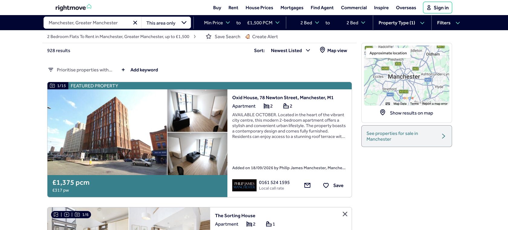 Rightmove Manchester rental results showing filters for two-bedroom flats under 1500 pounds and 928 results