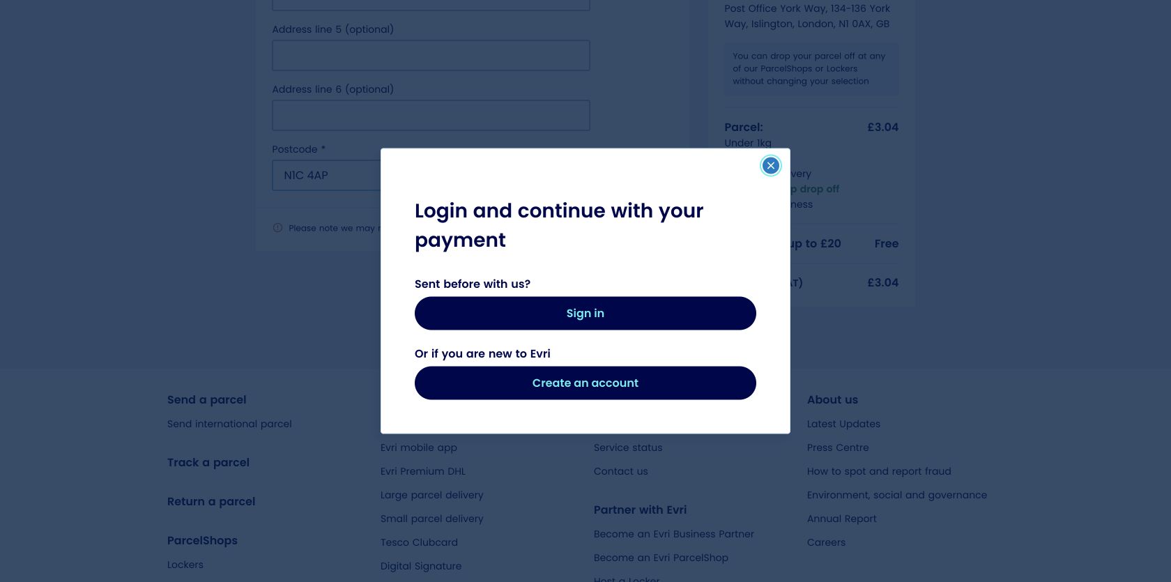 Evri dialog titled Login and continue with your payment offering Sign in and Create an account