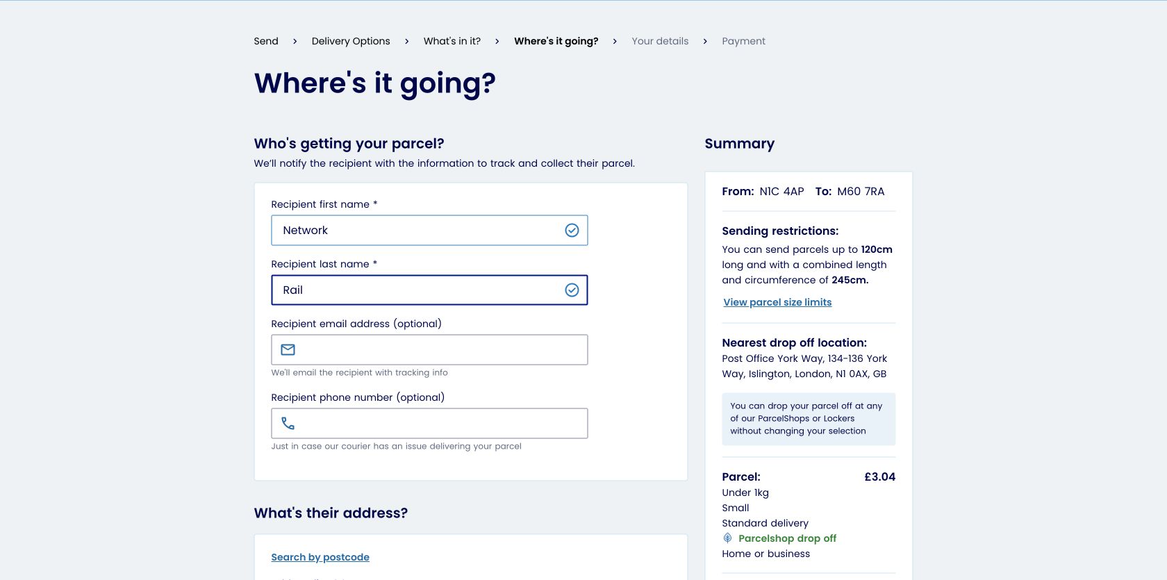 Evri recipient-address step with progress navigation and a persistent £3.04 parcel summary