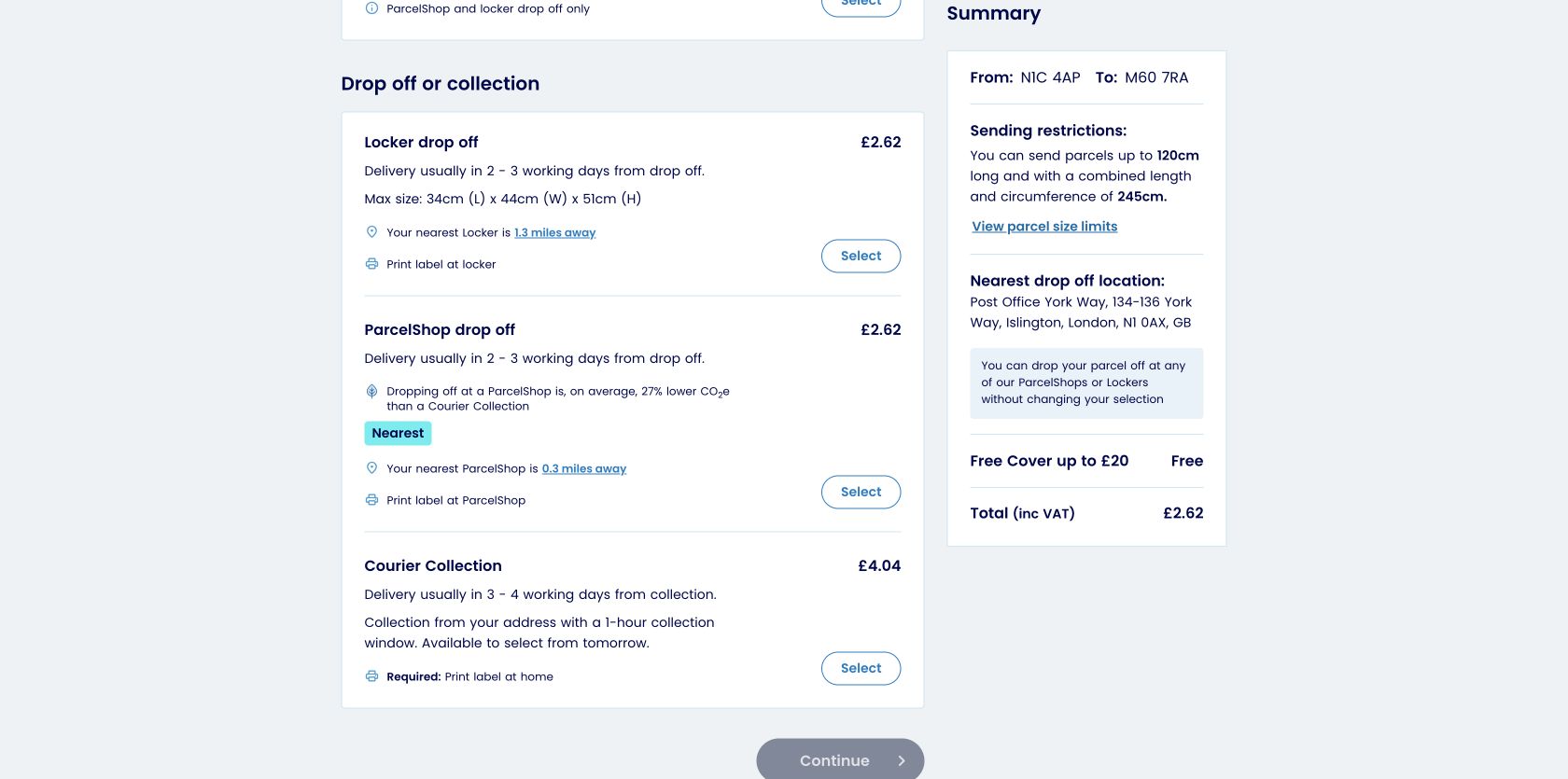 Evri parcel options showing a £3.04 standard ParcelShop drop-off service including VAT