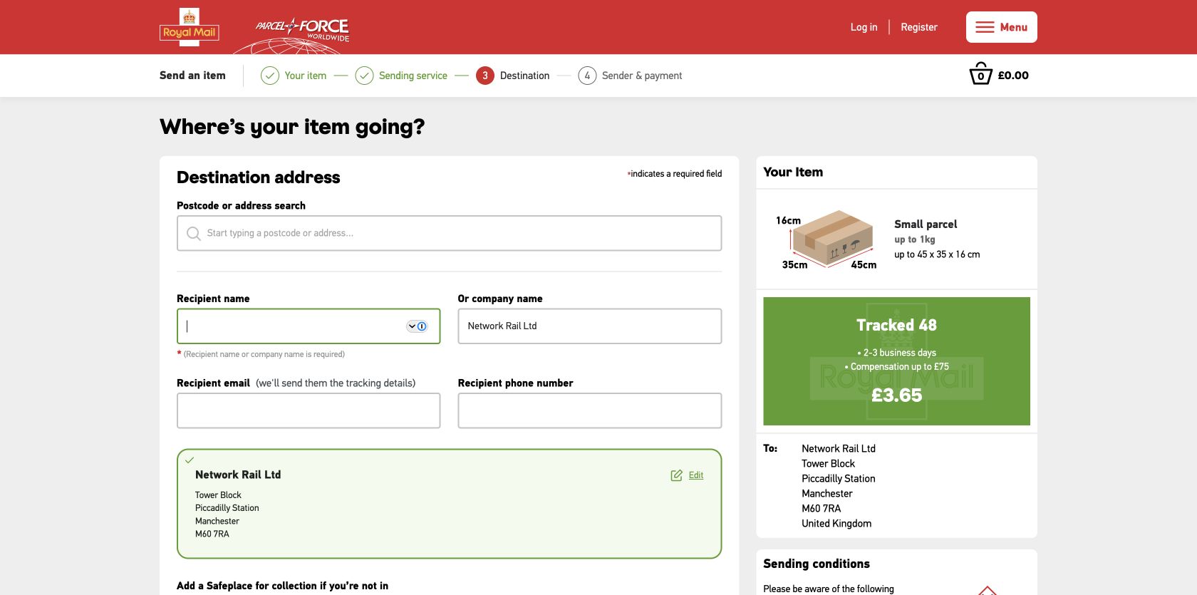 Royal Mail recipient step showing a public Manchester address and a warning about missing tracking contact details