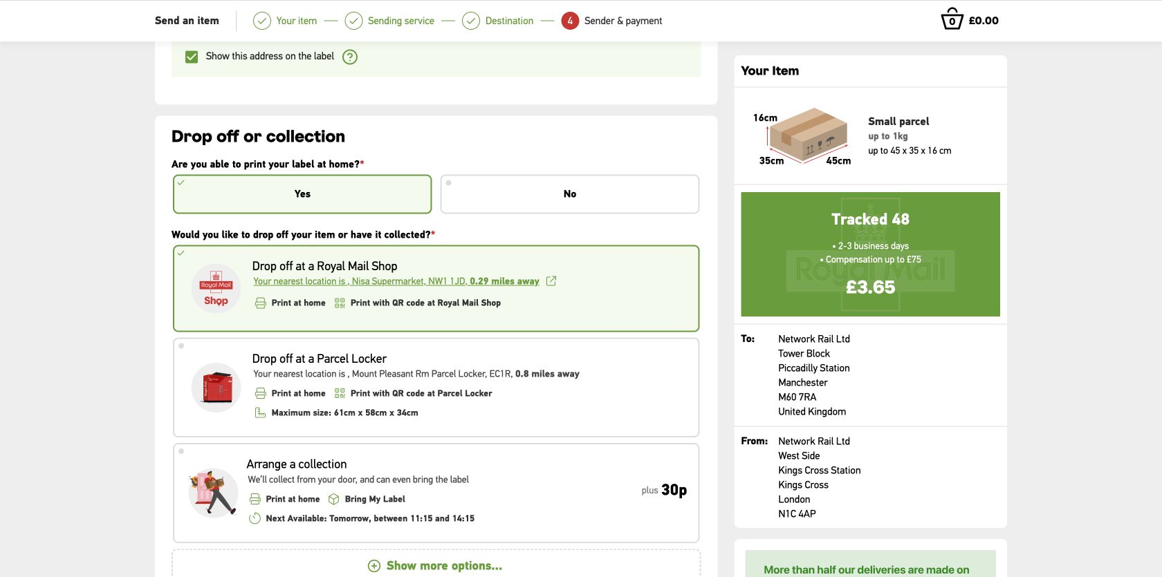 Royal Mail payment page showing a £3.65 total and card, PayPal and Google Pay choices