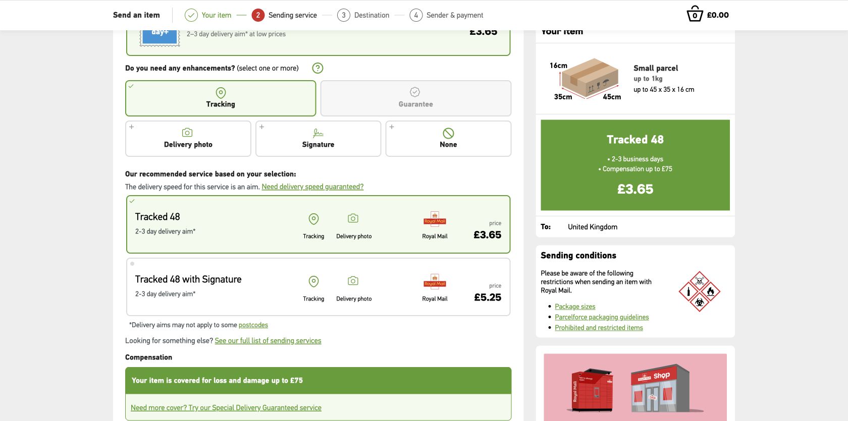Royal Mail service results showing Tracked 48 at £3.65 and a tracked signature option at £5.25