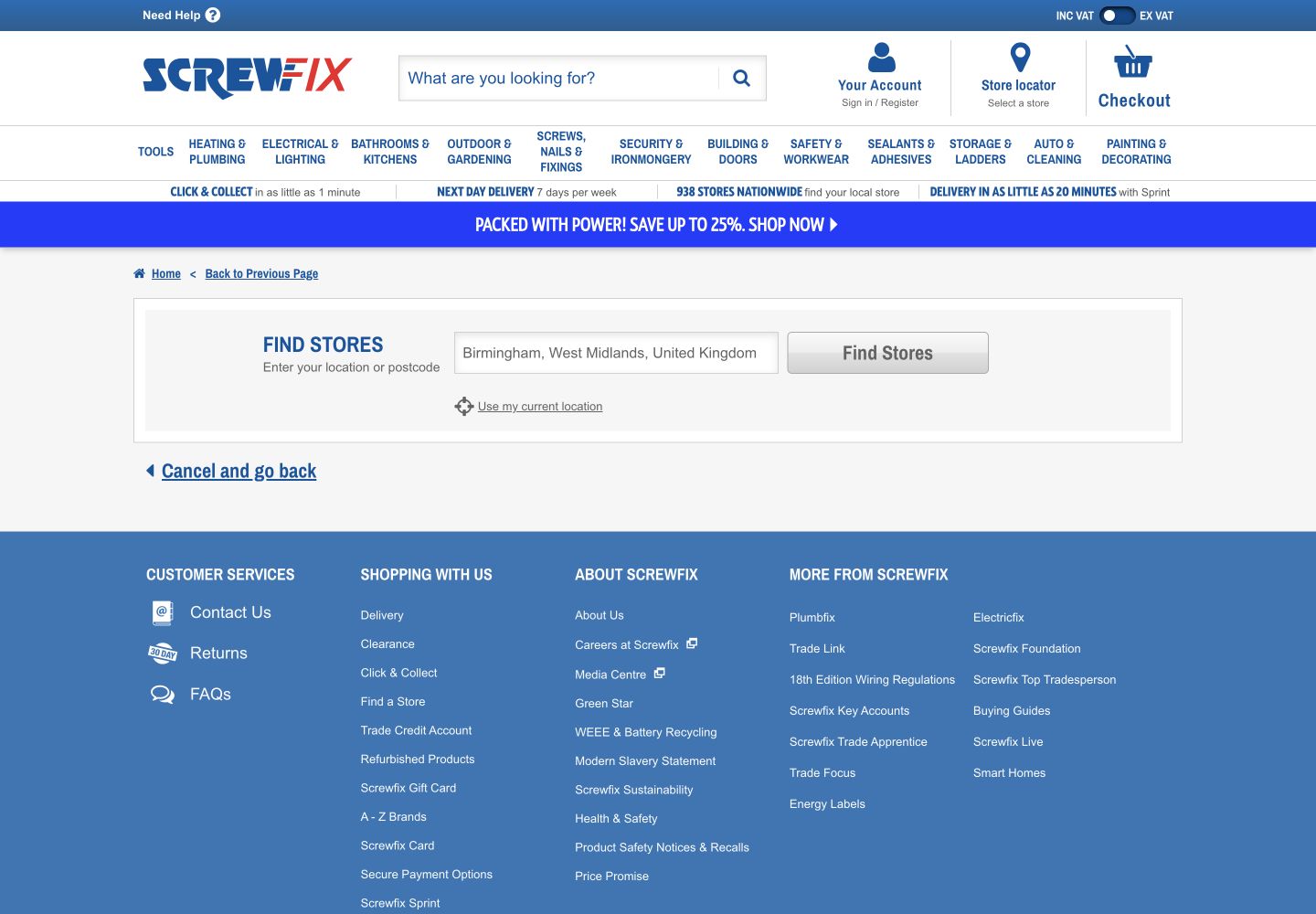 Screwfix store search showing a selected Birmingham location but no store results, error or next step