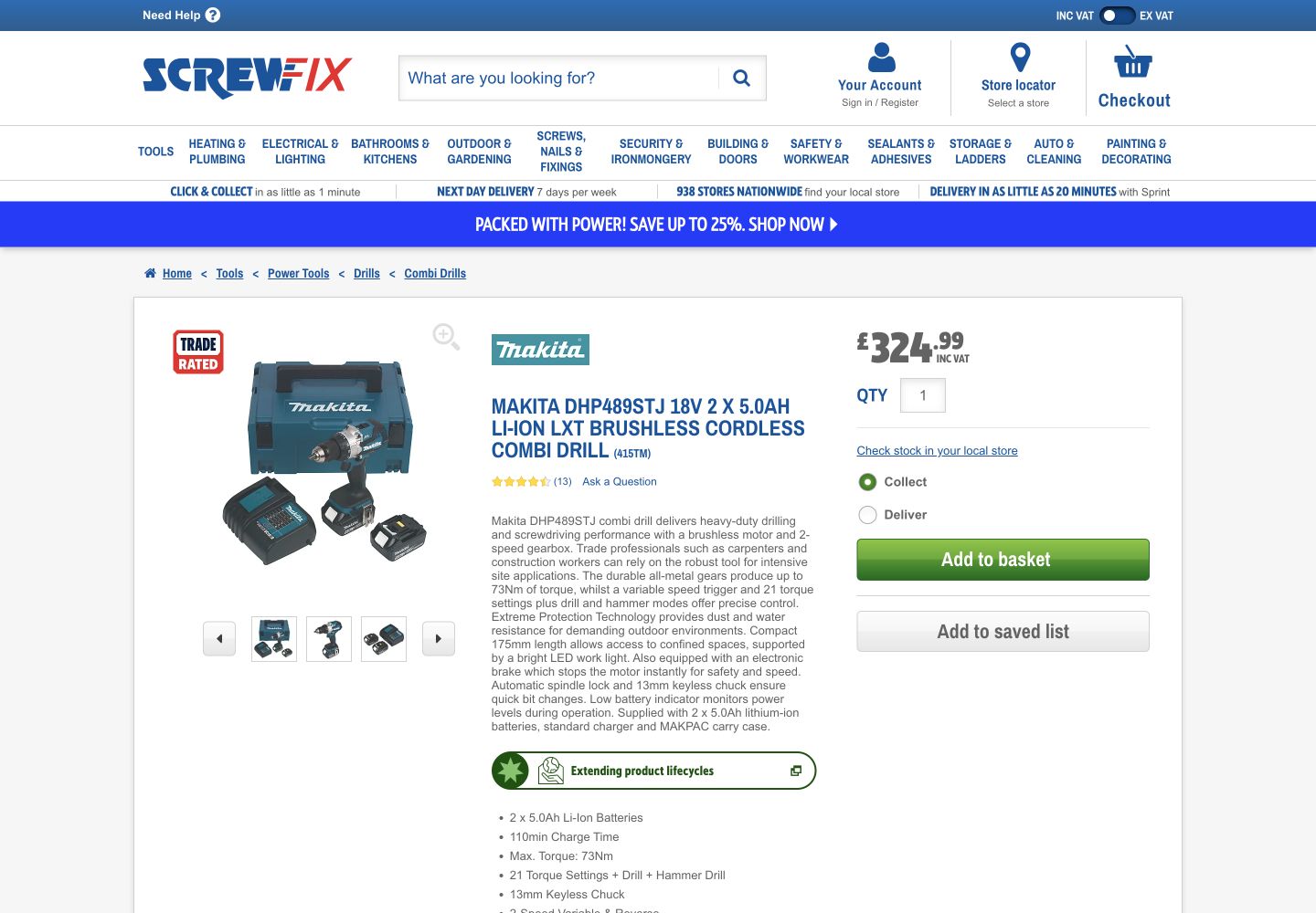 Screwfix product page showing the Makita DHP489STJ drill, two batteries, charger, case and £324.99 price