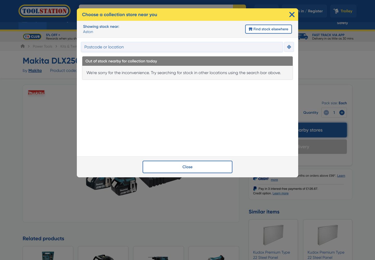 Toolstation store modal showing the Makita kit is out of stock near Aston and offering Find stock elsewhere