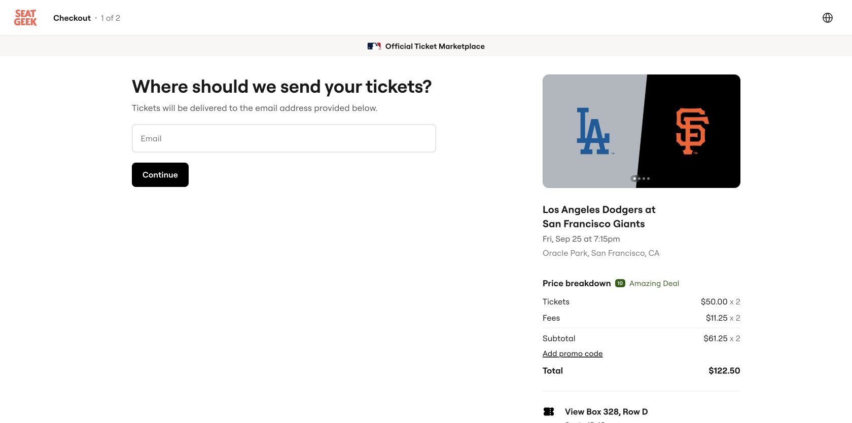 SeatGeek checkout showing an email field and a price breakdown of two 50 dollar tickets, 11.25 dollar fees per ticket and 122.50 dollar total