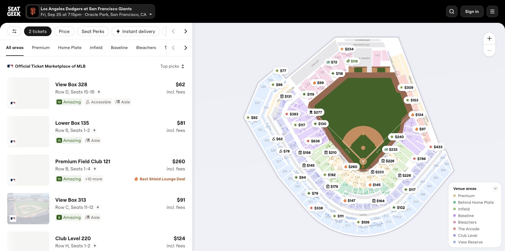 SeatGeek event page showing a column of two-ticket listings with fee-inclusive prices beside an Oracle Park seat map