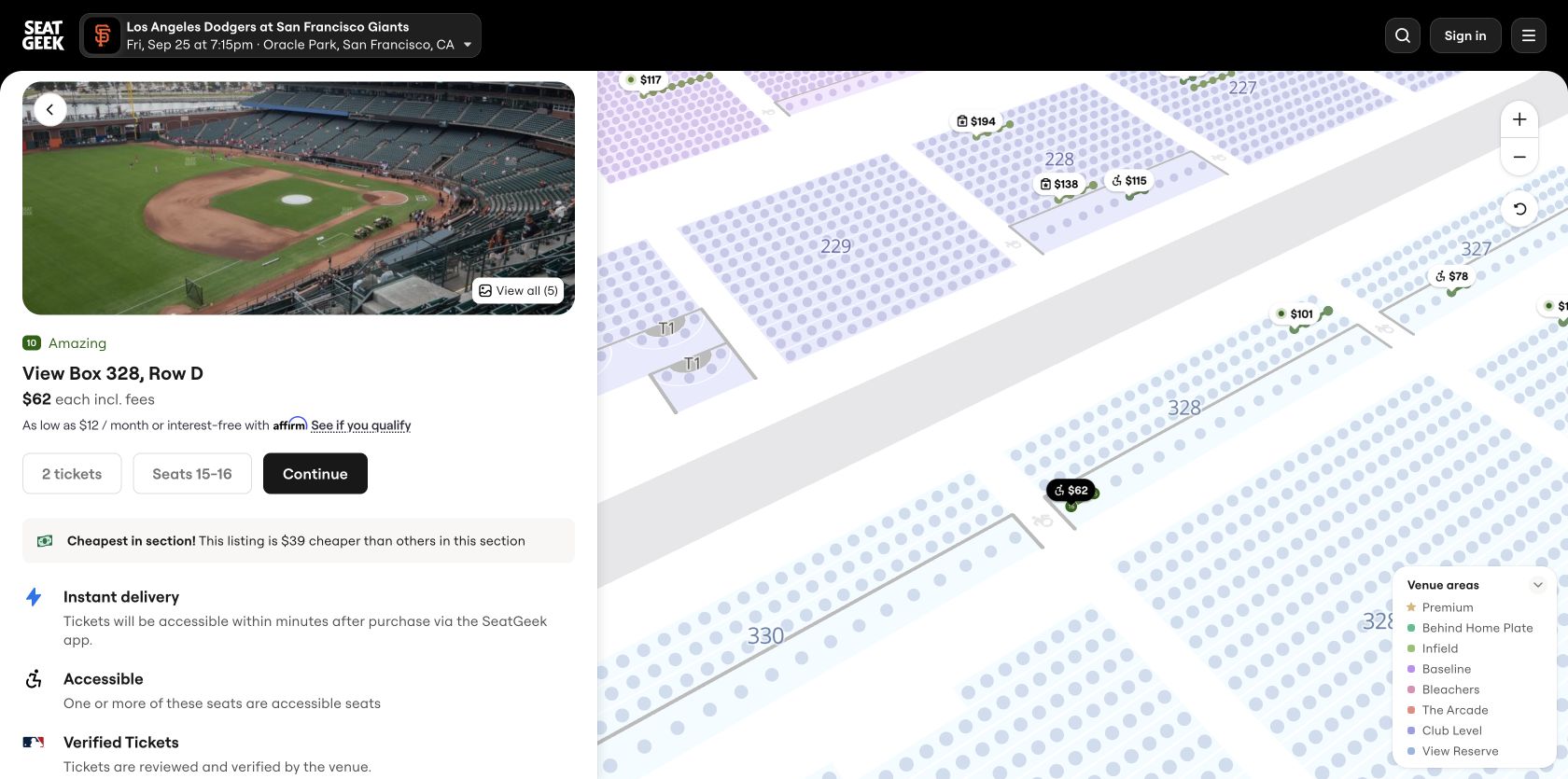 SeatGeek selected-ticket panel for View Box 328 Row D with seat view, two tickets, seats 15 to 16, fee-inclusive price and delivery details