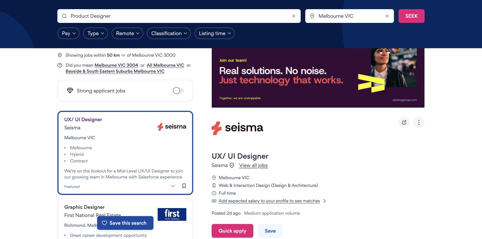 SEEK split job view for a UX UI Designer role showing employment details, application volume and Quick apply