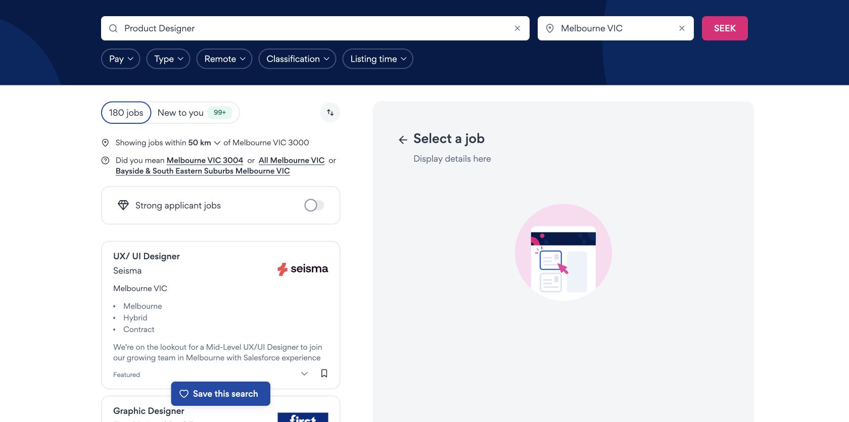 SEEK Product Designer results in Melbourne showing 180 jobs, filters and a featured UX UI Designer card