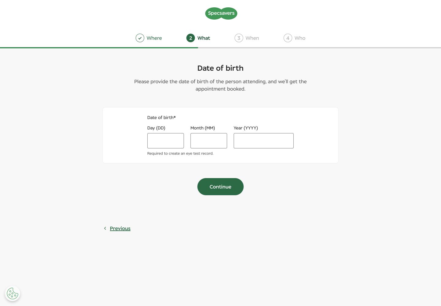 Specsavers booking flow requesting date of birth before displaying appointment dates or times