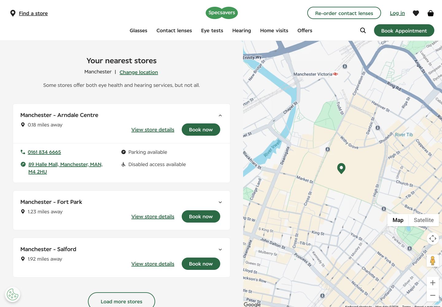 Specsavers Manchester store results with Arndale Centre expanded to show distance, address, phone, parking and disabled access