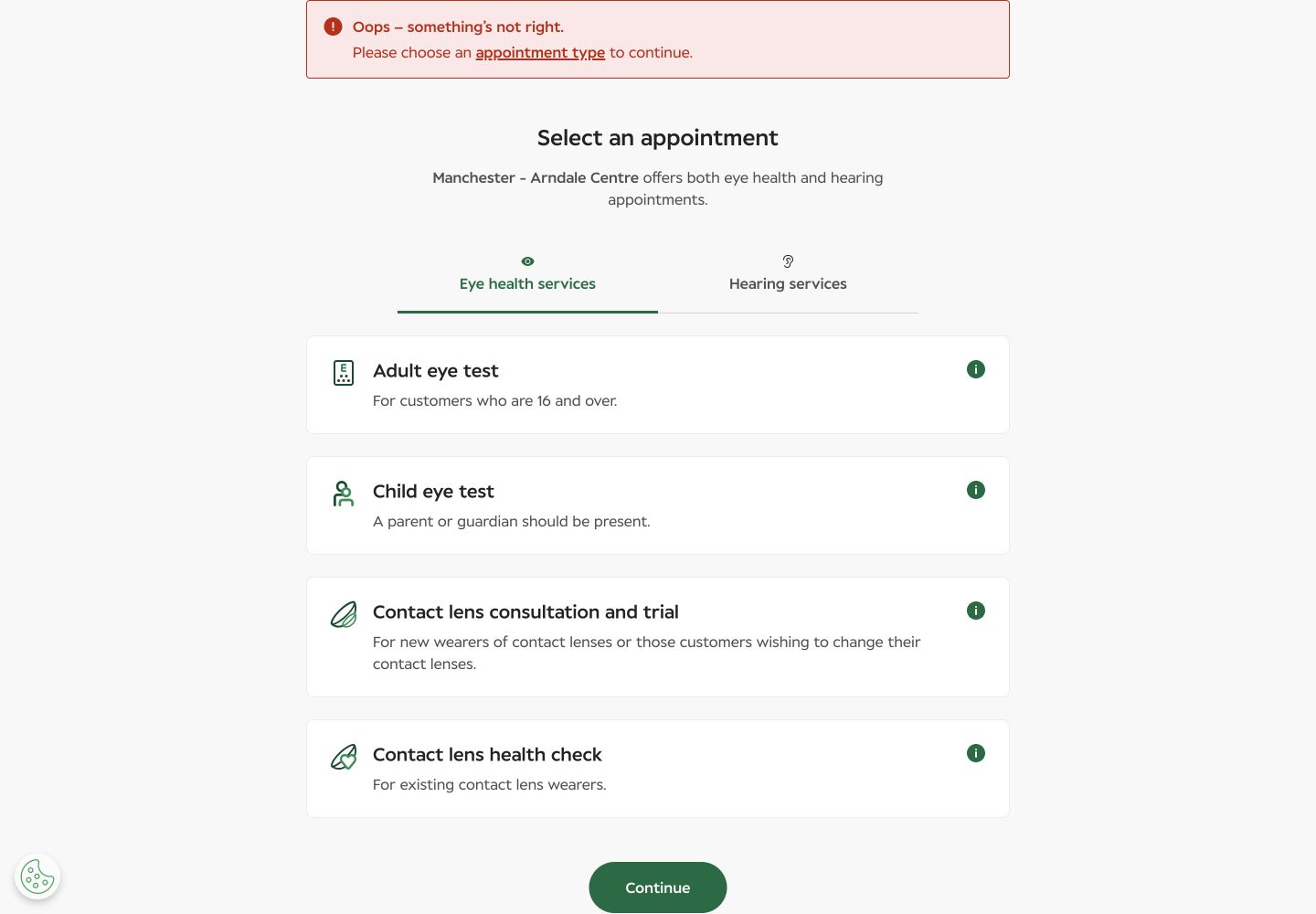 Specsavers appointment type page with an error summary asking the user to choose an appointment type