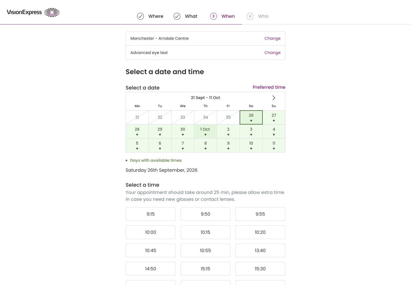 Vision Express date and time step for Manchester Arndale showing available dates and a first appointment at 9:15 on 26 September 2026