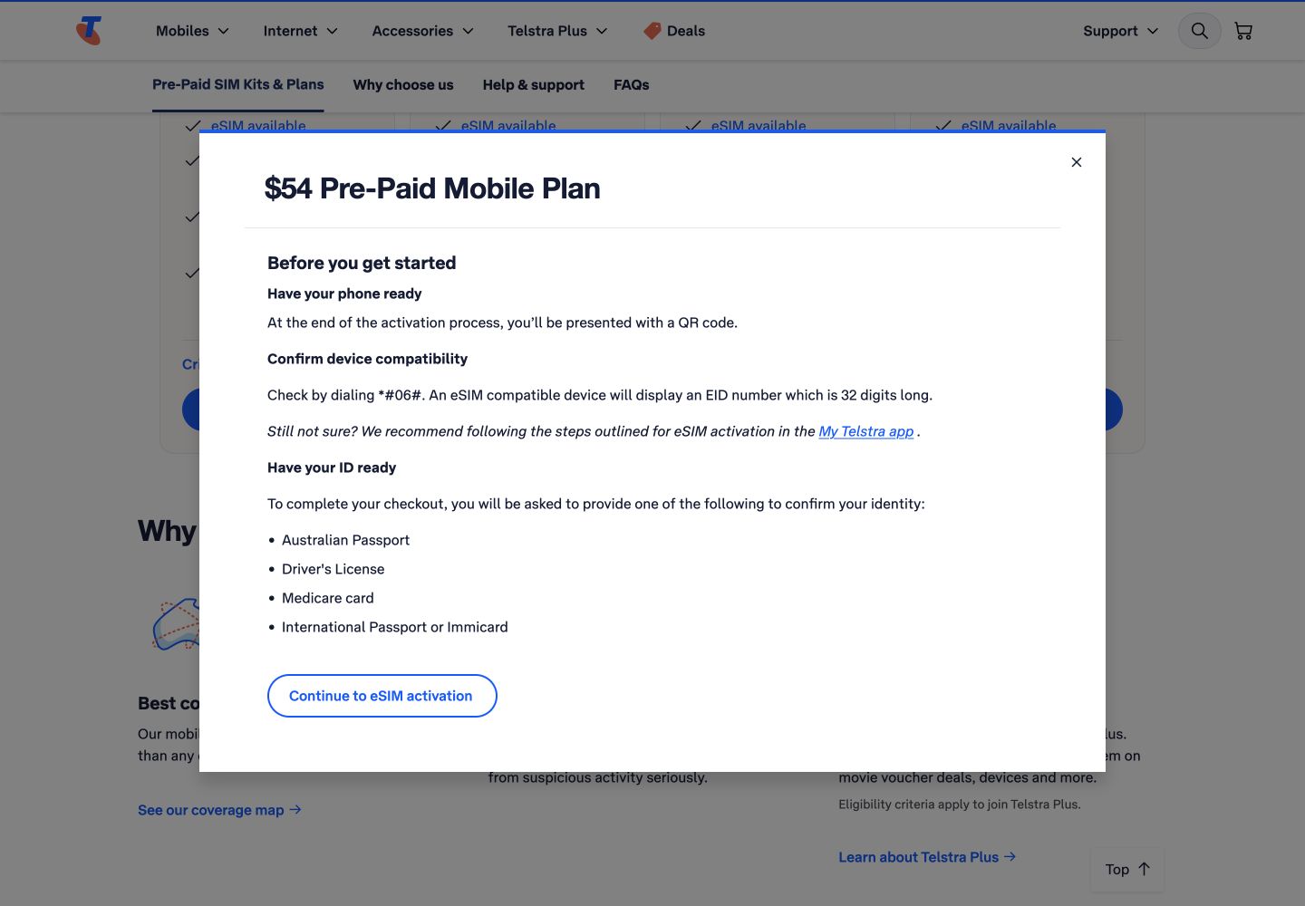 Telstra eSIM preparation dialog listing device compatibility, QR code and accepted identification