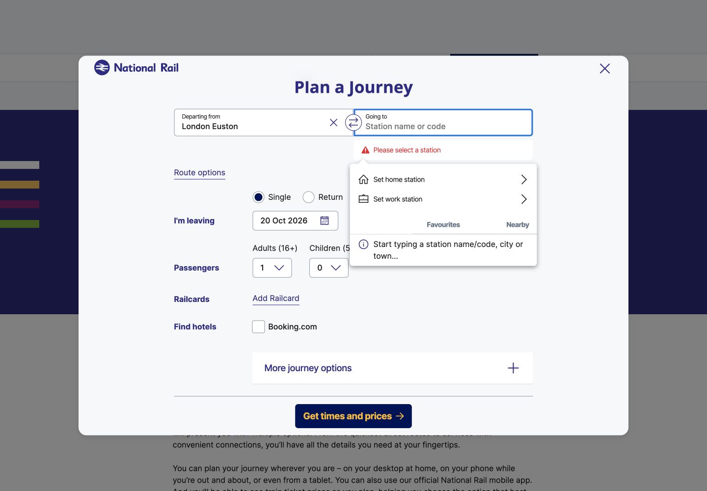 National Rail journey planner showing Please select a station beside the empty Going to field