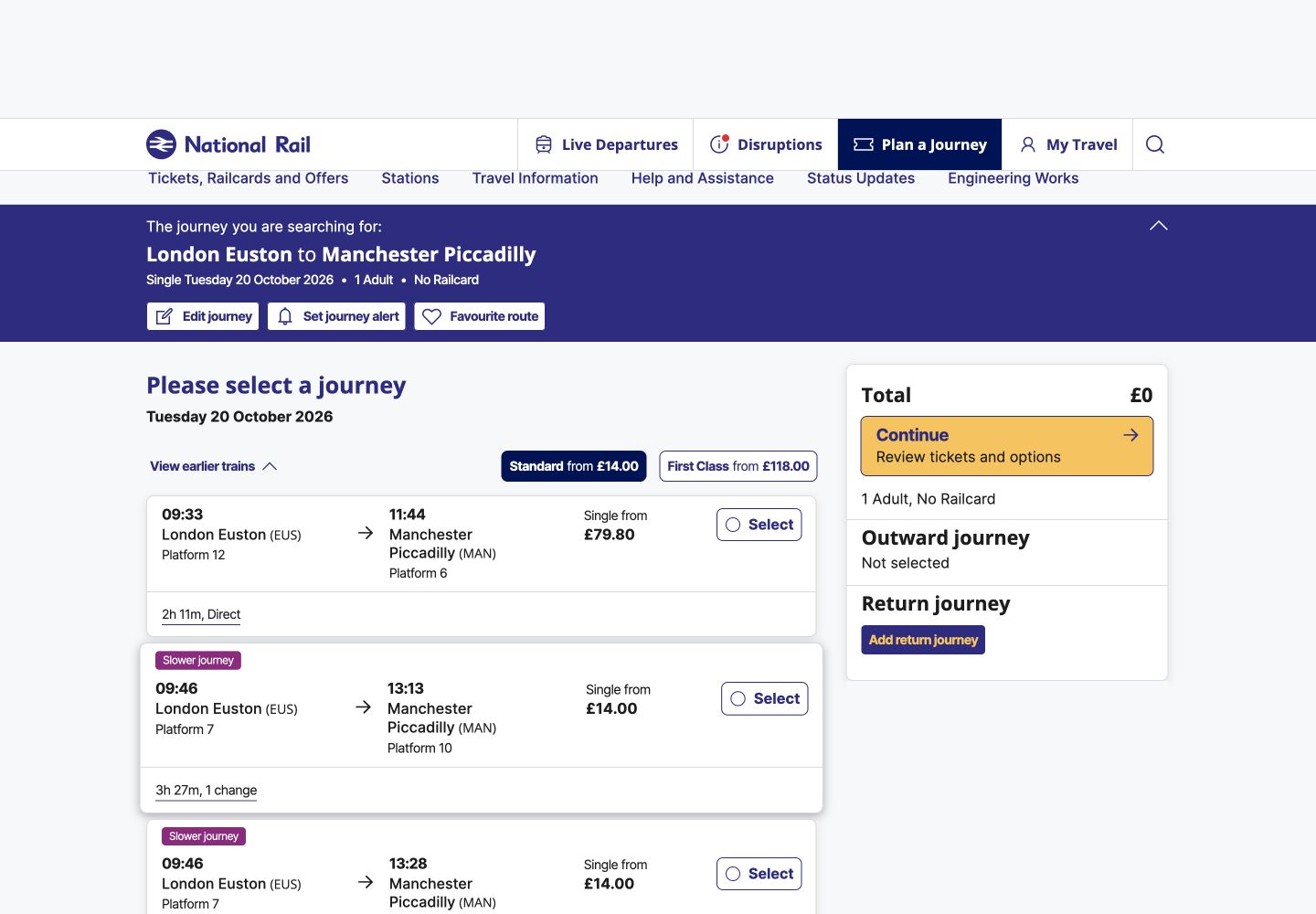 National Rail results from London Euston to Manchester Piccadilly showing departure times, changes, journey duration and fares