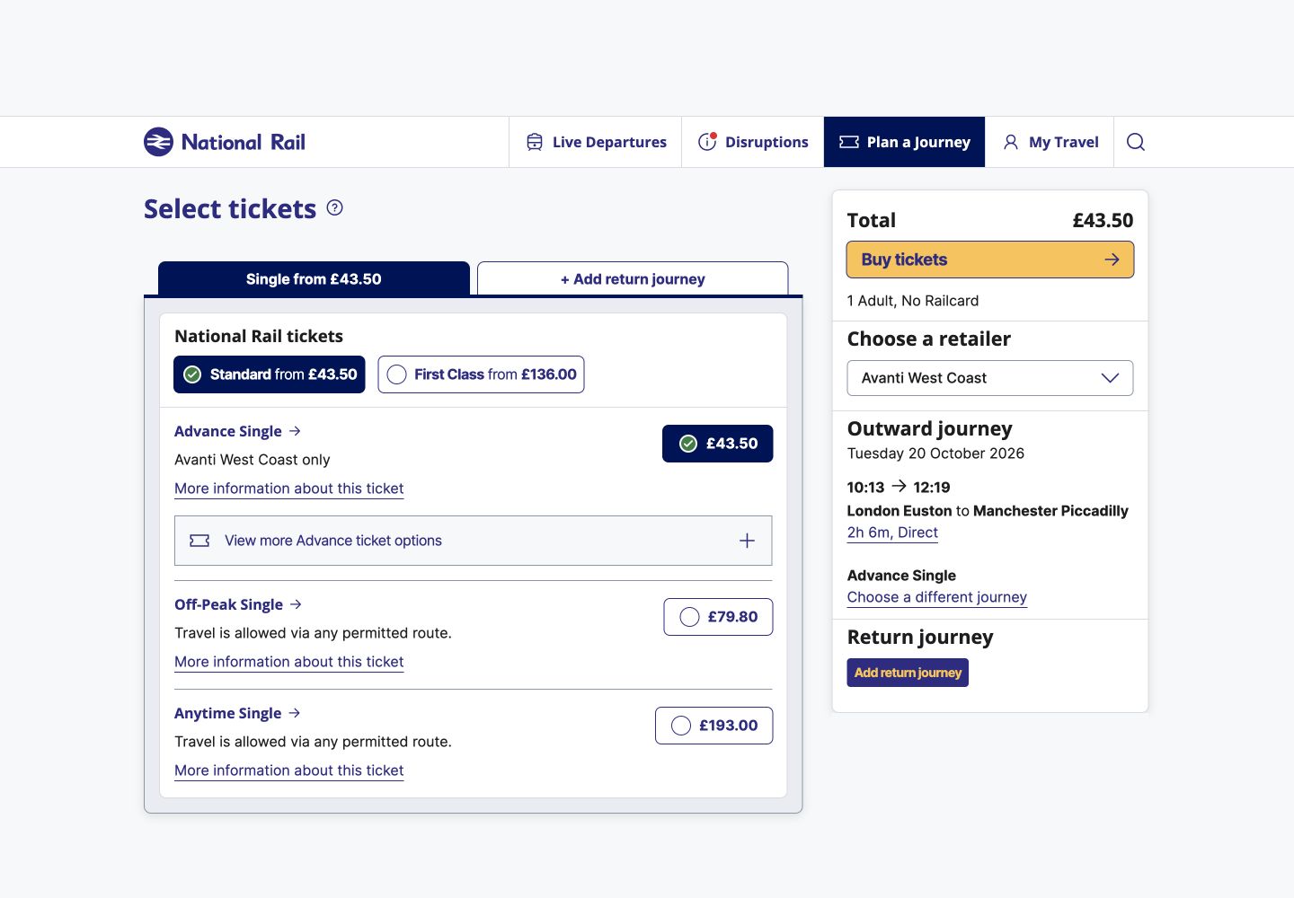 National Rail ticket selection for the 10:13 direct train showing Advance, Off-Peak and Anytime prices and conditions