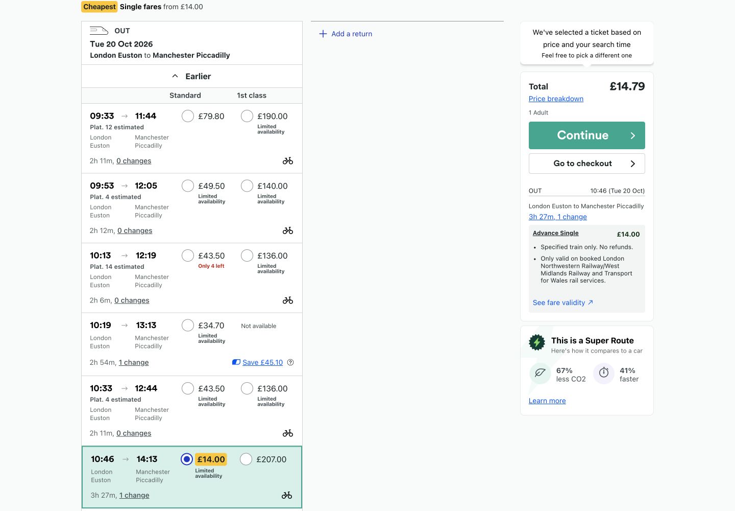Trainline ticket summary showing a 14 pound Advance Single on the 10:46 connecting journey and a 14 pound 79 total