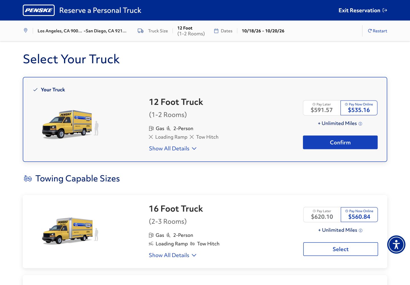 Penske truck selection showing 12-foot and 16-foot trucks with pay-later and pay-now prices