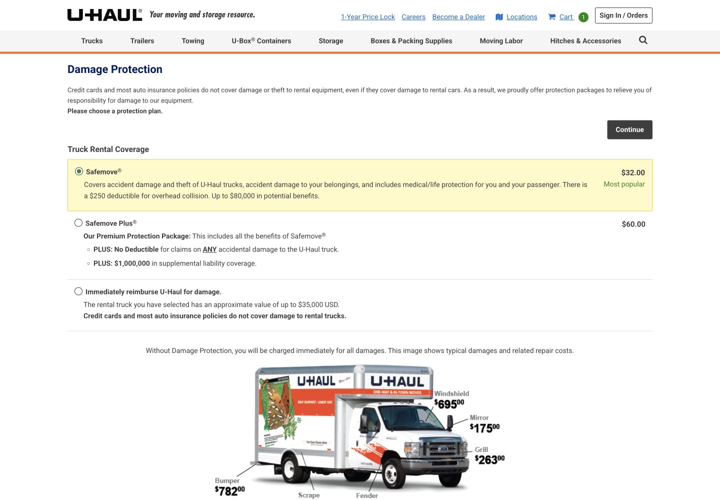 U-Haul protection page showing Safemove and Safemove Plus choices