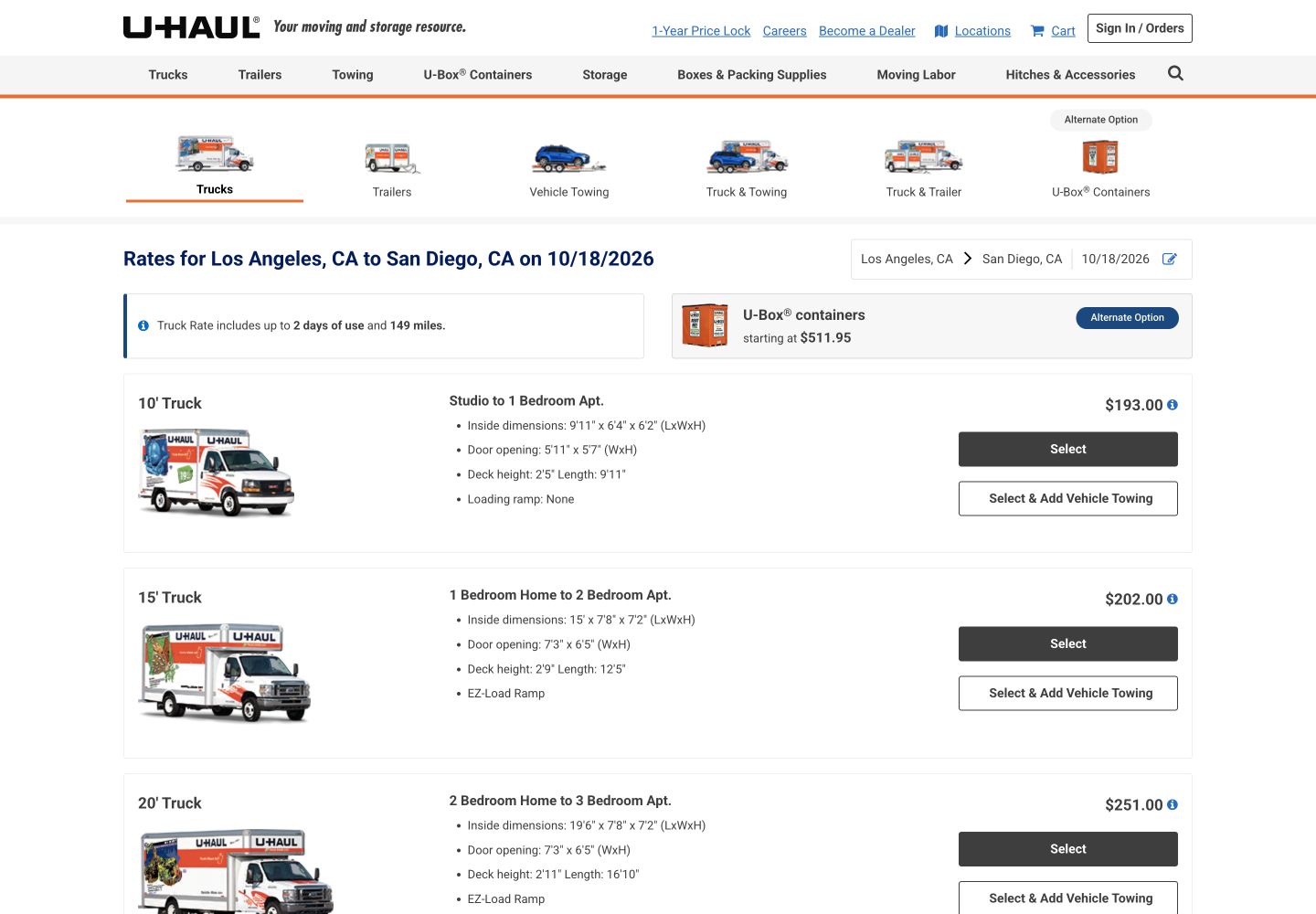 U-Haul Los Angeles to San Diego rates showing a 10-foot truck for $193 and its included allowance