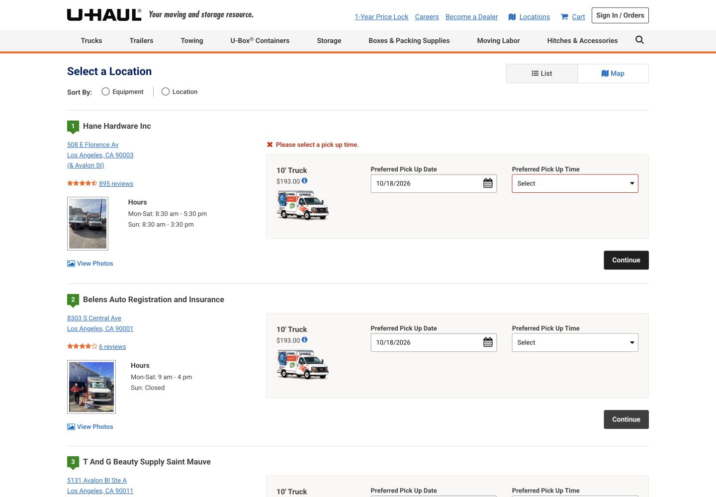U-Haul location step showing a required pickup-time error