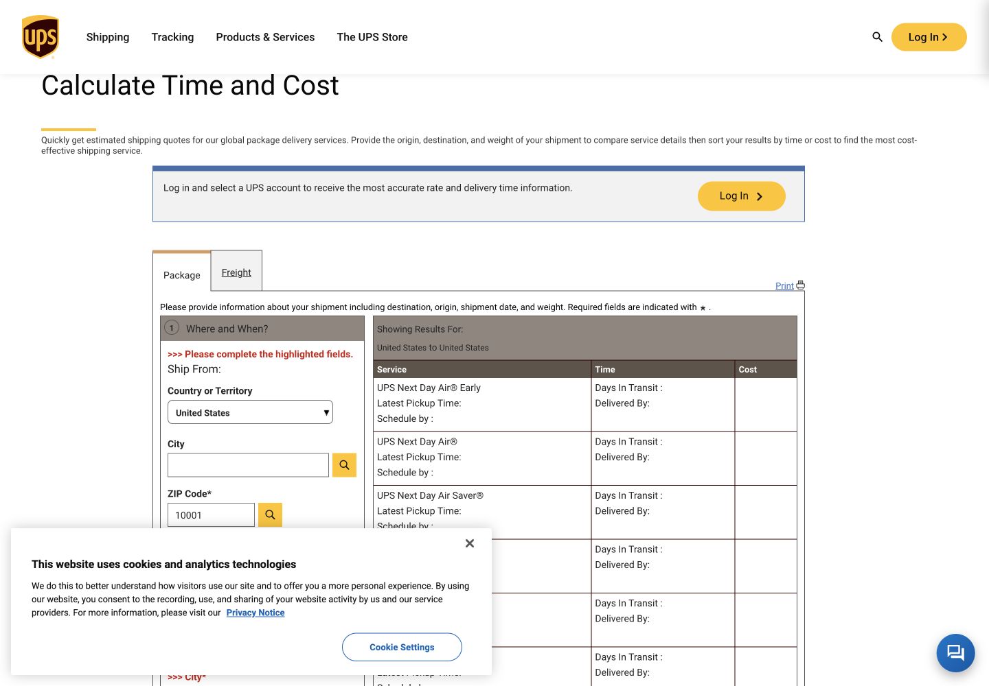 UPS quote form showing a summary asking the customer to complete highlighted fields and errors for city and ZIP code